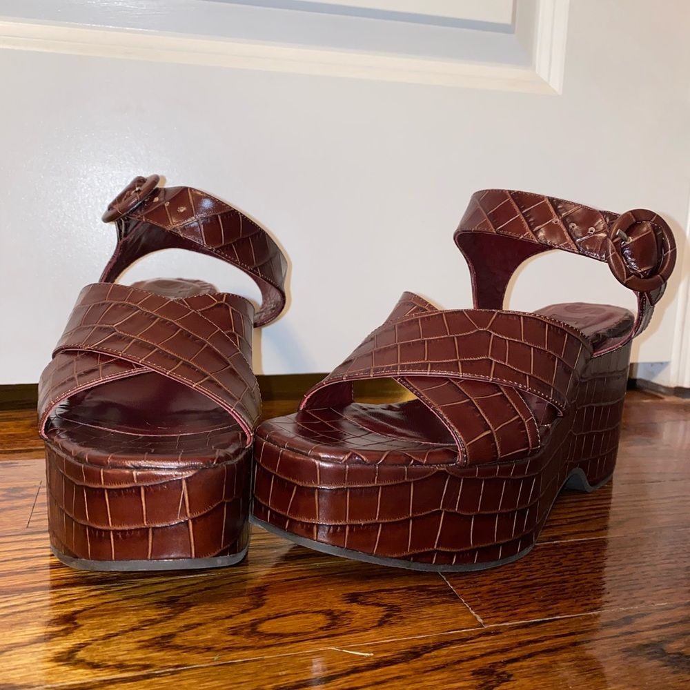 STAUD Women's Brown Jane Croc-effect Leather Platform Sandals